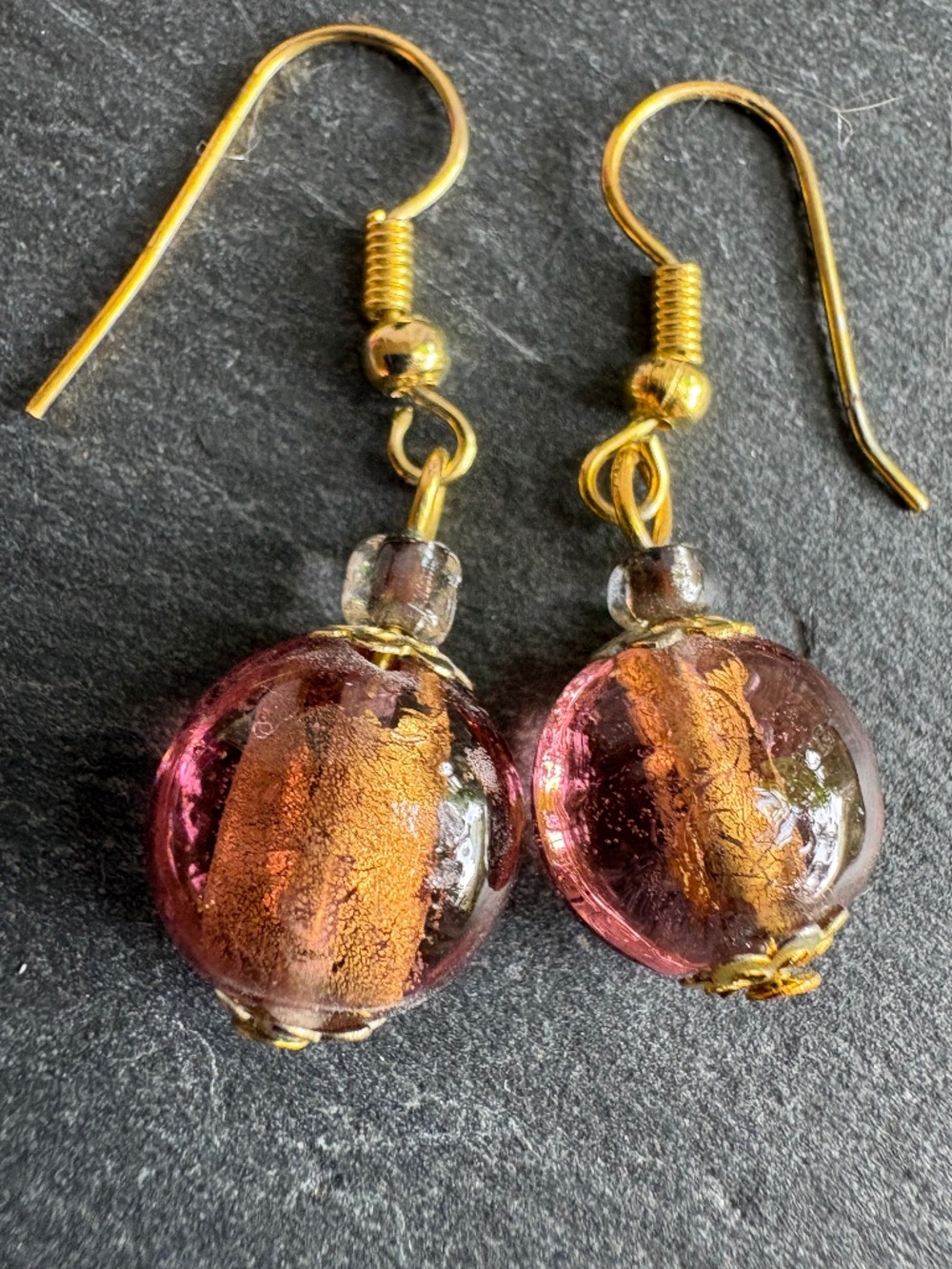 Vintage Authentic Murano Glass Gold Foil Drop Earrings; Made In Italy